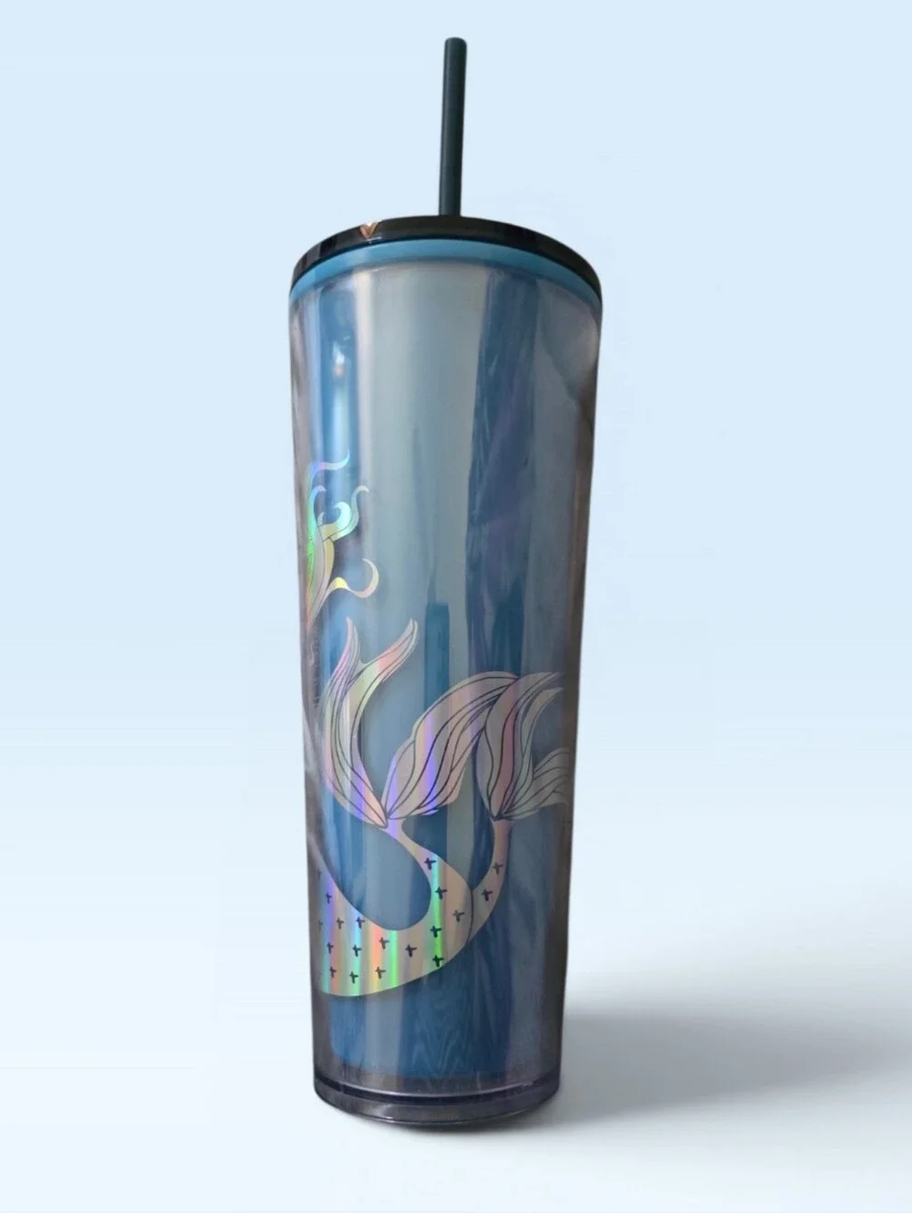 Starbucks Iridescent Blue Mermaid Holographic Tumbler with Teal Colored Straw - Picture 3 of 7